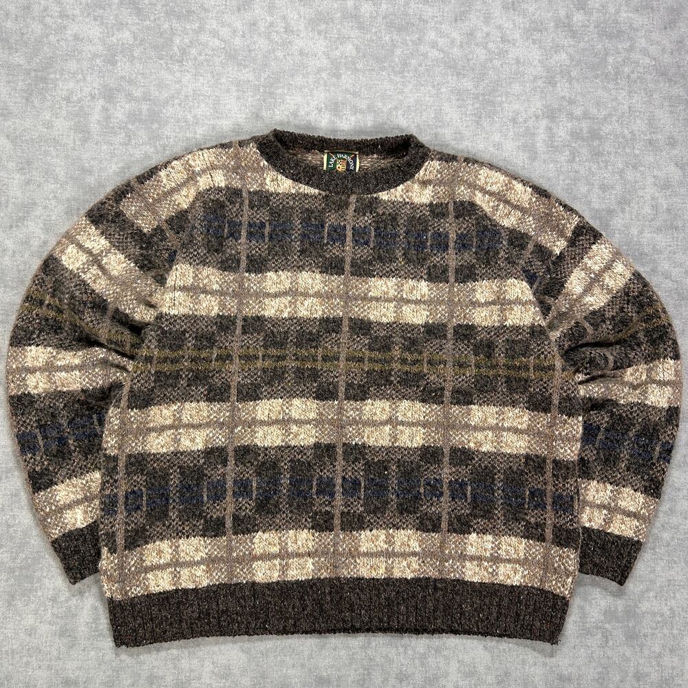 Vintage 90s Lake Harmony Plaid Knit Sweater Mens XL Made USA Wool Cotton
